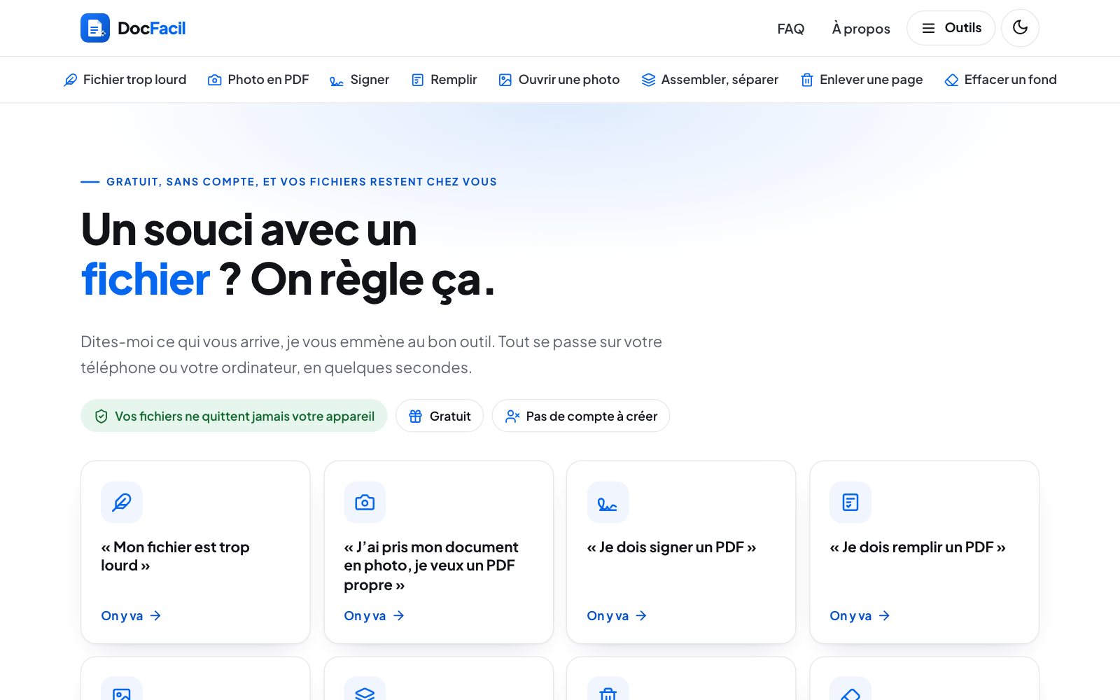 Page d'accueil de DocFacile, l'outil PDF gratuit créé par Tyméo SEKKAL